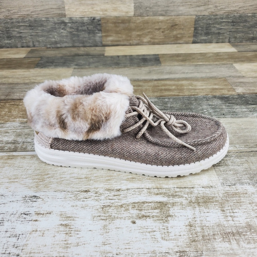 Hey Dude Britt Womens Shoes Sz 9 Comfort Coffee Slip On Foldover Faux Fur Cuff